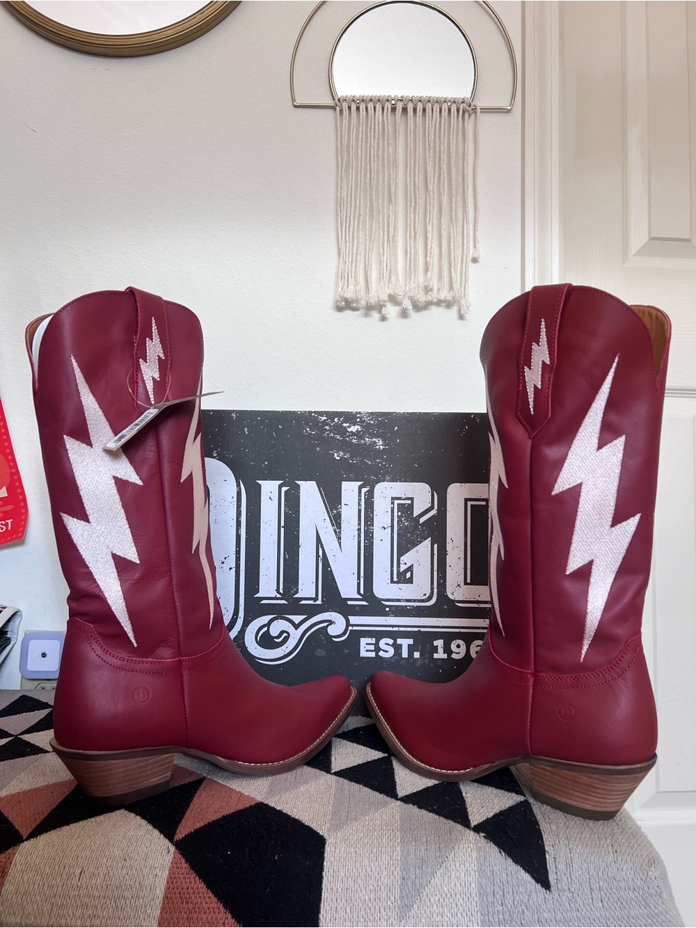 Dingo Red & White Western Lightning Bolt Tall Genuine Leather Boots 9 NWT - Picture 2 of 14